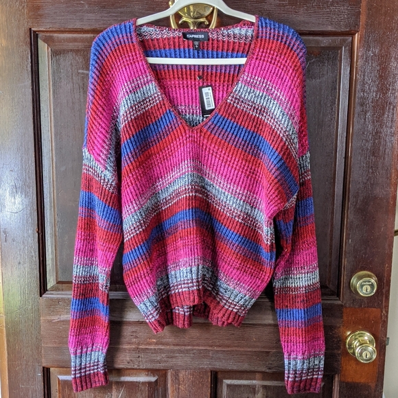 EXPRESS Striped Split Back V-Neck Sweater Size M - Picture 2 of 11